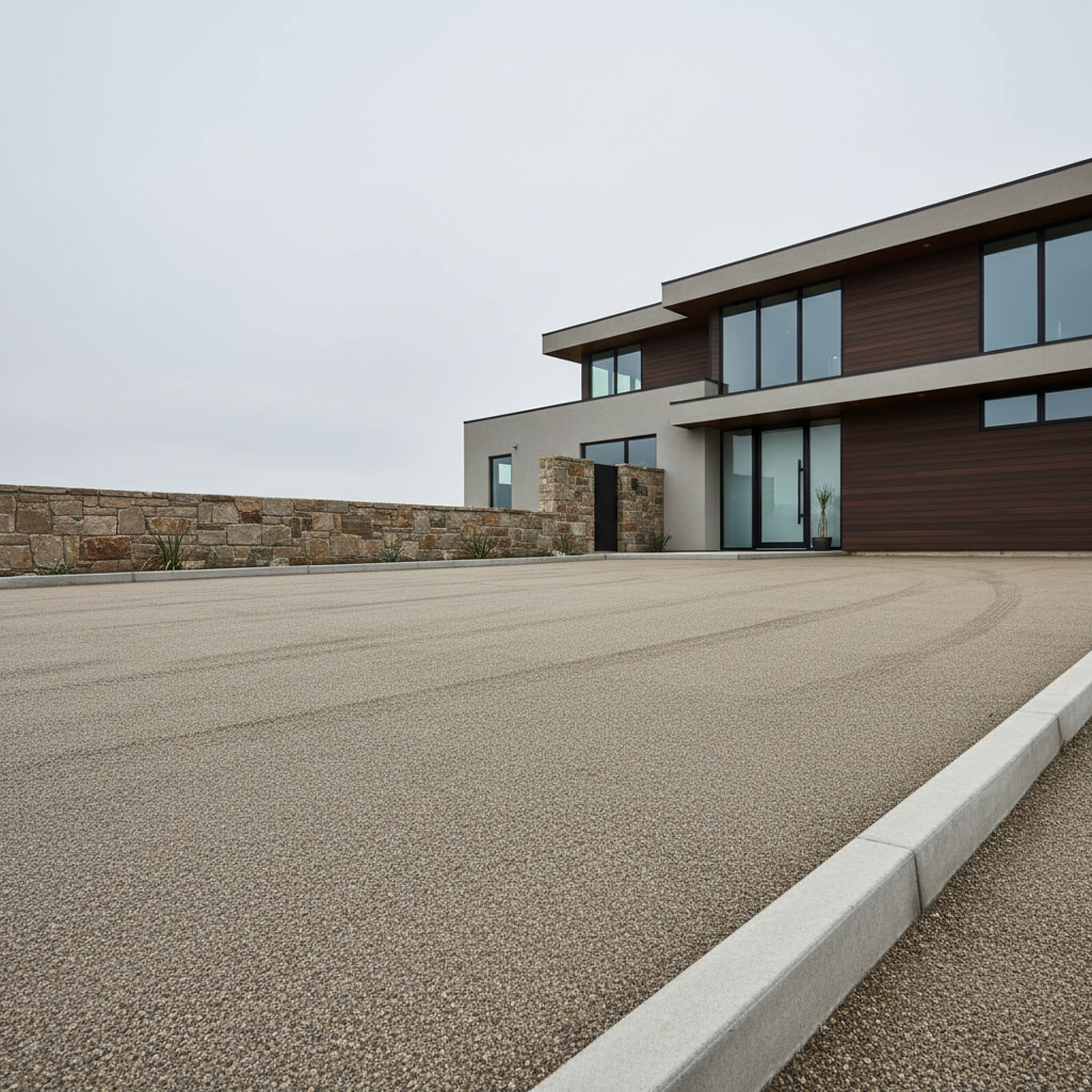 A newly created outdoor driveway and parking area in front of a contemporary house, featuring compacted crushed gravel in a uniform warm grey tone, bordered by straight concrete curbs and a low masonry wall. The surface is perfectly even, with subtle tire marks suggesting recent use. Neutral, slightly overcast sky provides soft, even lighting, eliminating strong contrasts and emphasizing surface regularity. Photographic realism, captured from a low, three-quarter angle along the length of the driveway, leading the eye toward the entrance area. The mood is clean, functional, and professional, highlighting expertise in exterior groundworks and access creation.
