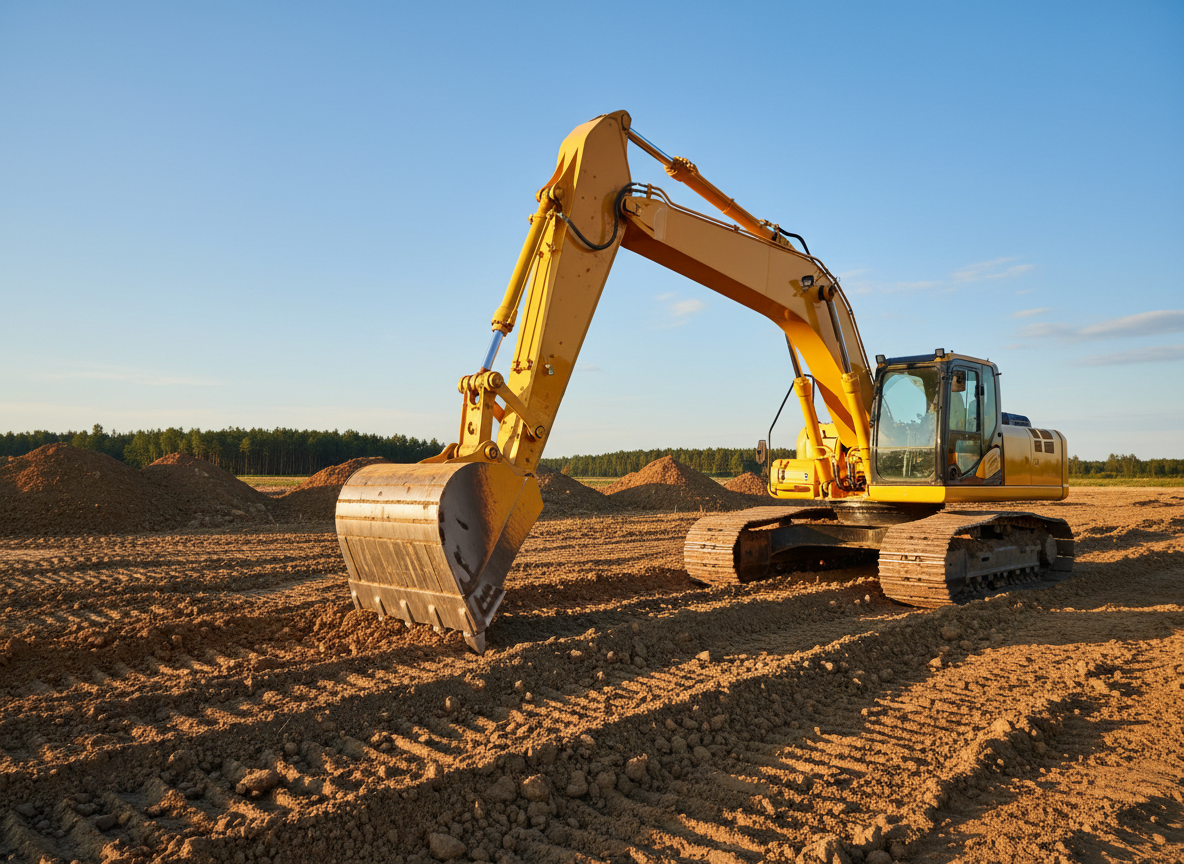 A powerful yellow crawler excavator with a clean, freshly painted arm and bucket, digging into rich brown earth on a large open construction site. The steel tracks are partially embedded in compacted soil, with mounds of graded terrain extending toward a line of distant trees. Soft late afternoon sunlight creates warm highlights on the metal surfaces and gentle shadows in the trenches, emphasizing depth and texture in the ground. Photographic realism, shot from a slightly low angle with the excavator framed by a wide blue sky, sharp focus throughout, conveying precision, strength, and professional earthmoving expertise.