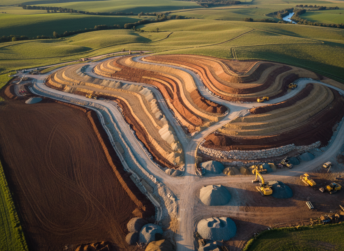 A dramatic bird’s-eye, photographic view of a rural plot undergoing transformation, with excavated terraces, drainage channels, and access tracks clearly visible in the freshly turned earth. Different soil colors mark cut and fill areas, while neat piles of aggregate and rock are positioned strategically around the site. Late afternoon sunlight casts long, crisp shadows from small earth mounds and retaining structures, emphasizing the sculpted topography. The composition uses wide-angle coverage and strong diagonal lines created by tracks and terraces, conveying the idea of revealing and reshaping the landscape. The mood is dynamic and purposeful, showcasing large-scale professional earthmoving and exterior layout planning.