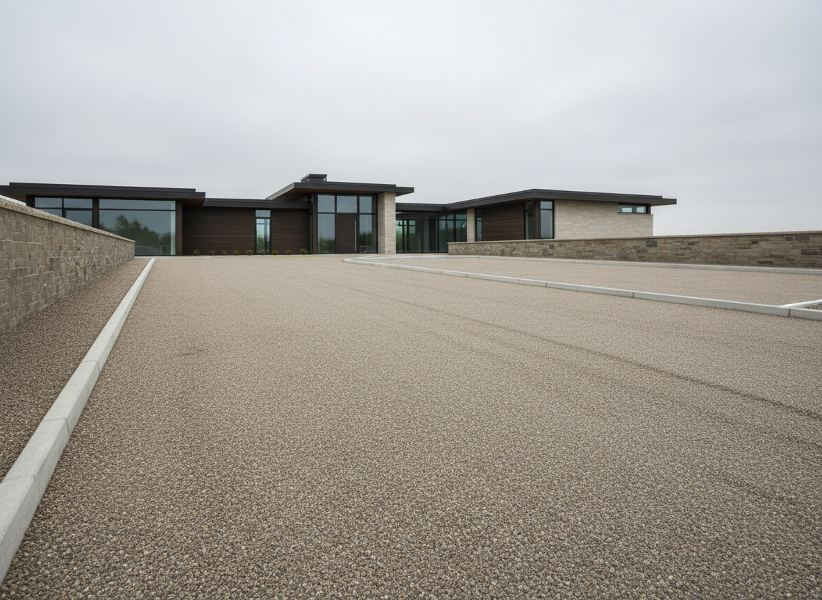 A newly created outdoor driveway and parking area in front of a contemporary house, featuring compacted crushed gravel in a uniform warm grey tone, bordered by straight concrete curbs and a low masonry wall. The surface is perfectly even, with subtle tire marks suggesting recent use. Neutral, slightly overcast sky provides soft, even lighting, eliminating strong contrasts and emphasizing surface regularity. Photographic realism, captured from a low, three-quarter angle along the length of the driveway, leading the eye toward the entrance area. The mood is clean, functional, and professional, highlighting expertise in exterior groundworks and access creation.