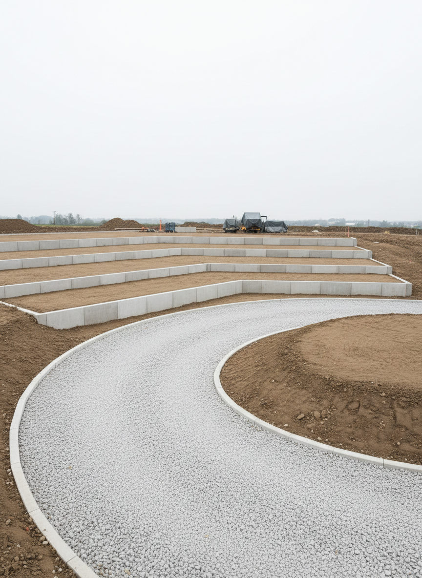 A meticulously graded modern home site with smooth, levelled compacted soil terraces, edged by clean concrete retaining walls in light grey. A gravel driveway curves gently through the foreground, bordered by carefully shaped earth embankments ready for planting. Overcast diffused light softens the scene, reducing harsh shadows and highlighting subtle variations in soil texture and aggregate. Photographic realism, captured from an elevated angle using the rule of thirds, showcasing the geometry of the terraces and the gentle slope of the land. The atmosphere is calm, orderly, and professional, emphasizing careful preparation for future construction and landscaping.
