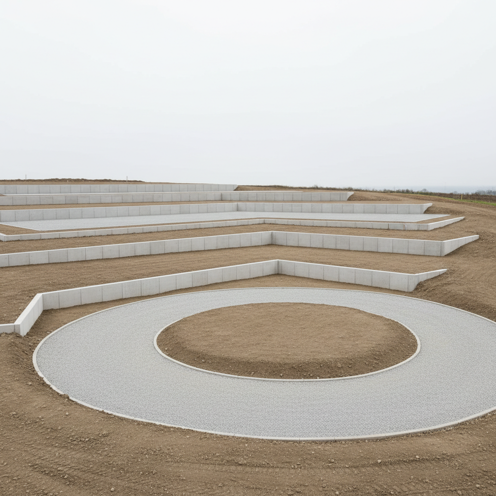 A meticulously graded modern home site with smooth, levelled compacted soil terraces, edged by clean concrete retaining walls in light grey. A gravel driveway curves gently through the foreground, bordered by carefully shaped earth embankments ready for planting. Overcast diffused light softens the scene, reducing harsh shadows and highlighting subtle variations in soil texture and aggregate. Photographic realism, captured from an elevated angle using the rule of thirds, showcasing the geometry of the terraces and the gentle slope of the land. The atmosphere is calm, orderly, and professional, emphasizing careful preparation for future construction and landscaping.