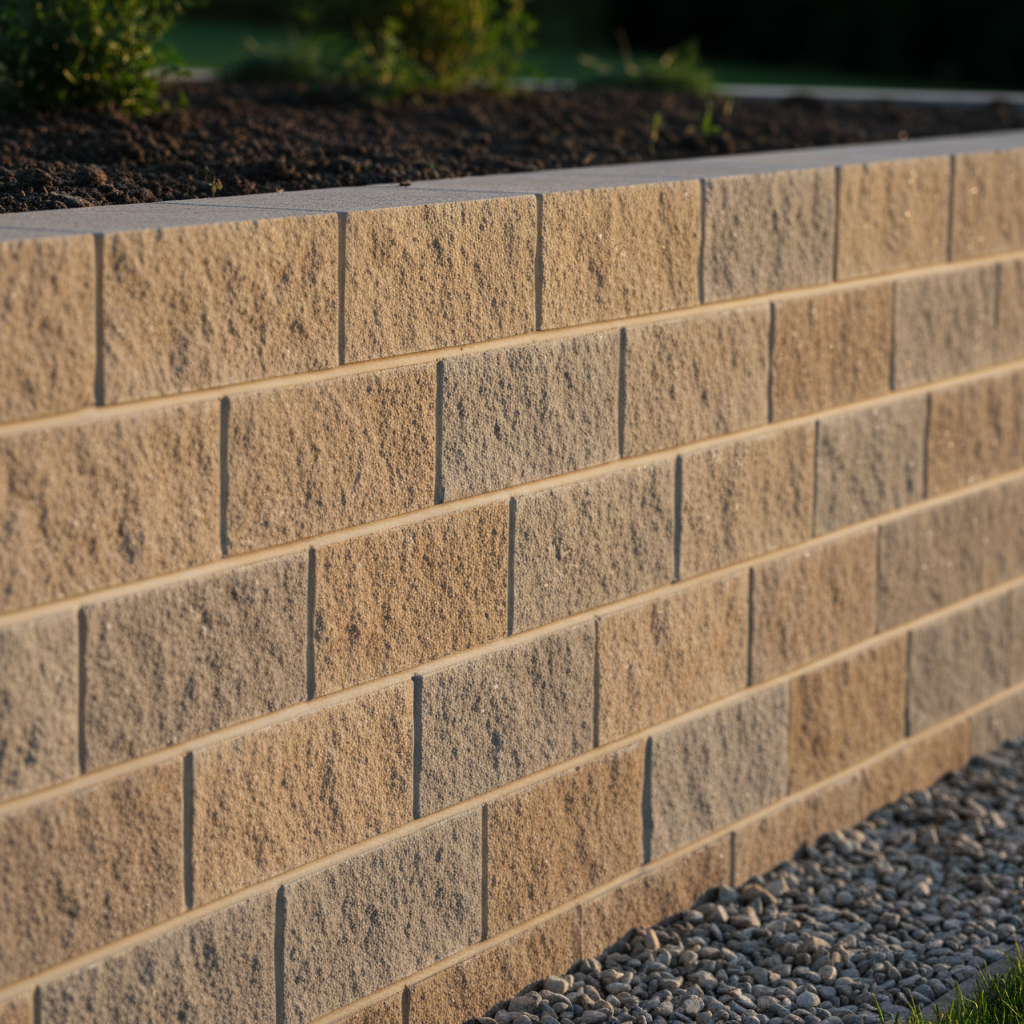 A close-up, photographic view of a precision-built stone retaining wall in a landscaped garden, constructed from rectangular limestone blocks with slightly rough, natural faces in shades of beige and soft grey. The joints are meticulously aligned with clean mortar lines. Above the wall, dark fertile soil is neatly held back, while at the base, a compacted gravel strip ensures drainage. Soft golden hour sunlight grazes the stone surface, revealing fine textures and casting delicate shadows between blocks. Shot at eye level with a shallow depth of field, the background gently blurred with hints of green foliage, creating a refined, professional, and durable impression.