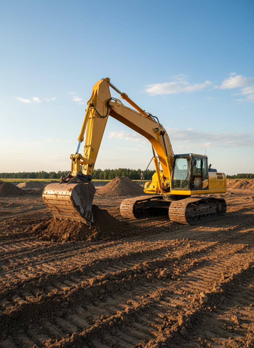 A powerful yellow crawler excavator with a clean, freshly painted arm and bucket, digging into rich brown earth on a large open construction site. The steel tracks are partially embedded in compacted soil, with mounds of graded terrain extending toward a line of distant trees. Soft late afternoon sunlight creates warm highlights on the metal surfaces and gentle shadows in the trenches, emphasizing depth and texture in the ground. Photographic realism, shot from a slightly low angle with the excavator framed by a wide blue sky, sharp focus throughout, conveying precision, strength, and professional earthmoving expertise.