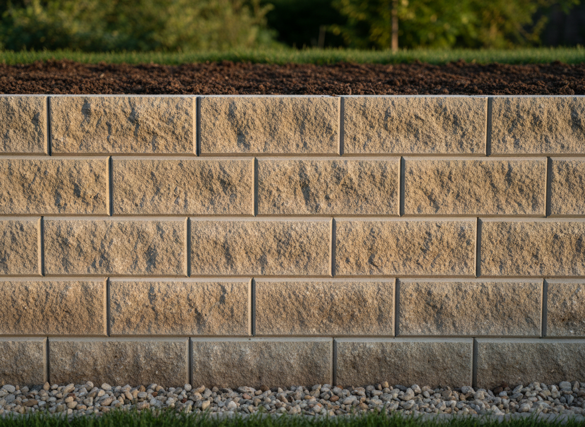 A close-up, photographic view of a precision-built stone retaining wall in a landscaped garden, constructed from rectangular limestone blocks with slightly rough, natural faces in shades of beige and soft grey. The joints are meticulously aligned with clean mortar lines. Above the wall, dark fertile soil is neatly held back, while at the base, a compacted gravel strip ensures drainage. Soft golden hour sunlight grazes the stone surface, revealing fine textures and casting delicate shadows between blocks. Shot at eye level with a shallow depth of field, the background gently blurred with hints of green foliage, creating a refined, professional, and durable impression.